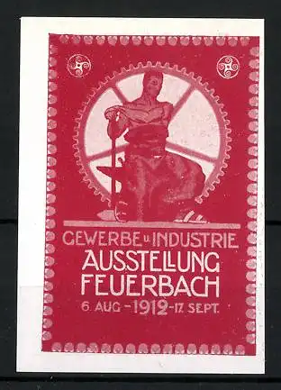 Reklamemarke Feuerbach, Gewerbe- und Industrie-Ausstellung 1912, Schmied am Ambos im Zahnrad