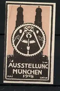 Reklamemarke München, Ausstellung 1908, Frauenkirche, Zahnrad mit Zange