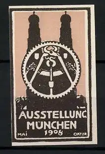 Reklamemarke München, Ausstellung 1908, Frauenkirche, Zahnrad mit Zange