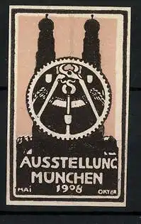 Reklamemarke München, Ausstellung 1908, Frauenkirche, Zahnrad mit Zange