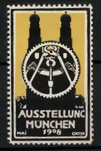 Reklamemarke München, Ausstellung 1908, Frauenkirche, Zahnrad mit Zange