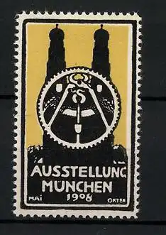 Reklamemarke München, Ausstellung 1908, Frauenkirche, Zahnrad mit Zange