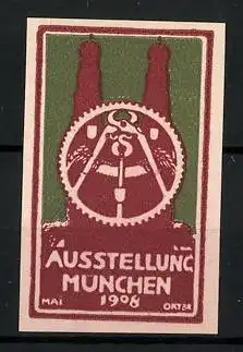 Reklamemarke München, Ausstellung 1908, Frauenkirche, Zahnrad mit Zange