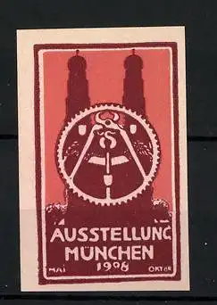 Reklamemarke München, Ausstellung 1908, Frauenkirche, Zahnrad mit Zange