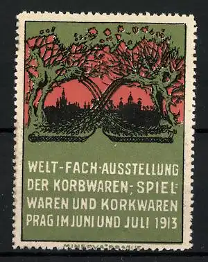 Reklamemarke Prag, Welt-Fach-Ausstellung der Korbwaren-, Spiel- und Korkwaren 1913, Stadtansicht