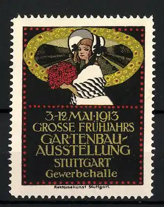 Reklamemarke Stuttgart, Grosse Frühjahrs- und Gartenbau-Ausstellung 1913, Fräulein mit Blumenstrauss