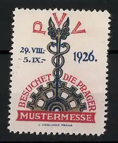 Reklamemarke Prag, Prager Mustermesse 1926, Hermesstag auf Zahnrad, Messelogo