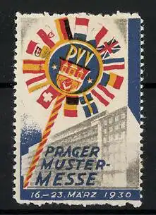 Reklamemarke Prag, Prager Mustermesse 1930, Messelogo mit verschiedenen Länderflaggen, Gebäude