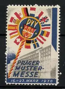 Reklamemarke Prag, Prager Mustermesse 1930, Messelogo mit verschiedenen Länderflaggen, Gebäude