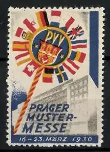 Reklamemarke Prag, Prager Mustermesse 1930, Messelogo mit verschiedenen Länderflaggen, Gebäude