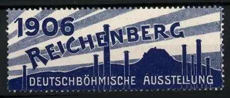 Reklamemarke Reichenberg, Deutschböhmische Ausstellung 1906, Stadtsilhouette mit Schornsteinen
