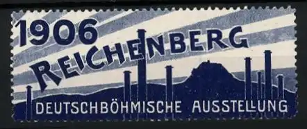 Reklamemarke Reichenberg, Deutschböhmische Ausstellung 1906, Stadtsilhouette mit Schornsteinen