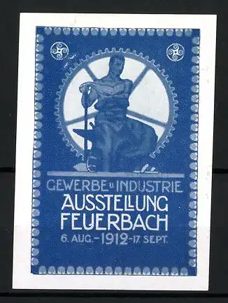 Reklamemarke Feuerbach, Gewerbe- und Industrie-Ausstellung 1912, Schmied am Ambos im Zahnrad