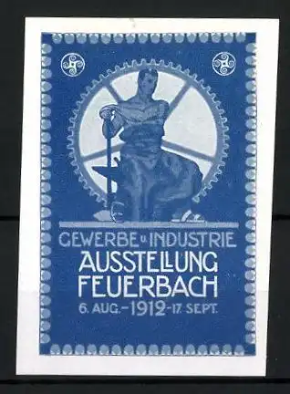 Reklamemarke Feuerbach, Gewerbe- und Industrie-Ausstellung 1912, Schmied am Ambos im Zahnrad