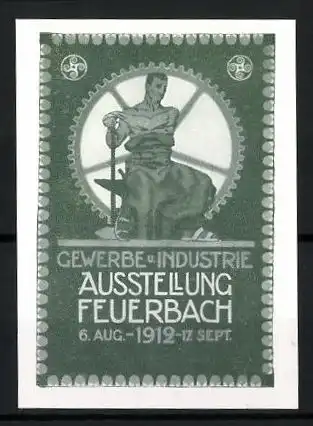 Reklamemarke Feuerbach, Gewerbe- und Industrie-Ausstellung 1912, Schmied am Ambos im Zahnrad