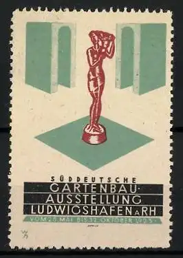 Reklamemarke Ludwigshafen a. Rh., Süddeutsche Gartenbau-Ausstellung 1925, Statue und Messelogo