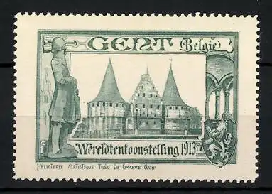Reklamemarke Gent, Wereldtentoonstelling 1913, Stadtansicht, Ritter und Wappen