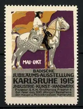 Reklamemarke Karlsruhe, Badische Jubiläums-Ausstellung f. Industrie, Kunst & Handwerk 1915, Knappe auf Pferd