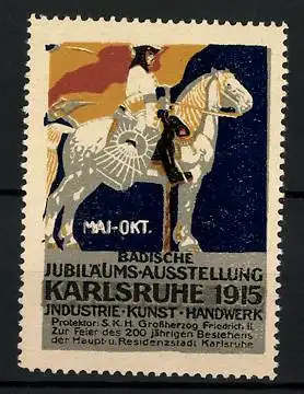Reklamemarke Karlsruhe, Badische Jubiläums-Ausstellung f. Industrie, Kunst & Handwerk 1915, Knappe auf Pferd