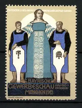 Reklamemarke München, Bayrische Gewerbeschau 1912, Göttin umarmt zwei Arbeiter