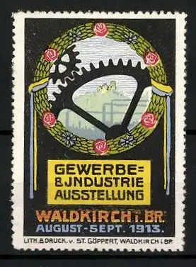 Reklamemarke Waldkirch i. Br., Gewerbe- und Industrie-Ausstellung 1913, Zahnrad im Blumenkranz