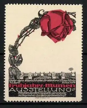 Reklamemarke München, Frühjahrs-Blumen-Ausstellung 1914, Rose ragt über der Stadt