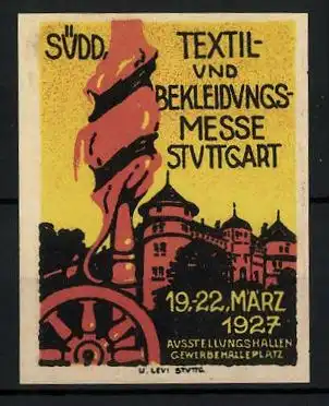 Reklamemarke Stuttgart, Süddt. Textil- und Bekleidungsmesse 1927, Spinnrad und Stadtansicht