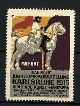 Reklamemarke Karlsruhe, Badische Jubiläums-Ausstellung f. Industrie, Kunst & Handwerk 1915, Knappe zu Pferd