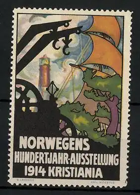 Reklamemarke Kristiania, Norwegens Hundertjahr-Ausstellung 1914, Leuchtturm und Segelschiff