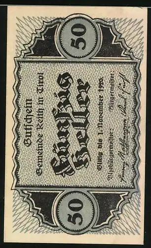 Notgeld Reith i. Tirol 1920, 50 Heller, Ortsansicht mit Kirche