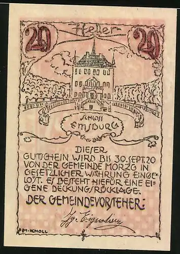 Notgeld Morzg 1920, 20 Heller, Altarschrein hl. Vitus, Schloss Emsburg