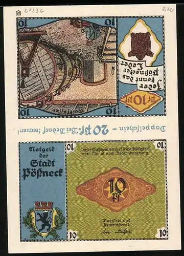 Notgeld Pössneck, 20 Pfennig, Walkfässer, Arbeiter am Schabebaum