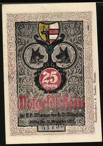 Notgeld Wismar 1921, 25 Pfennig, Wassertor 1463, Wappen