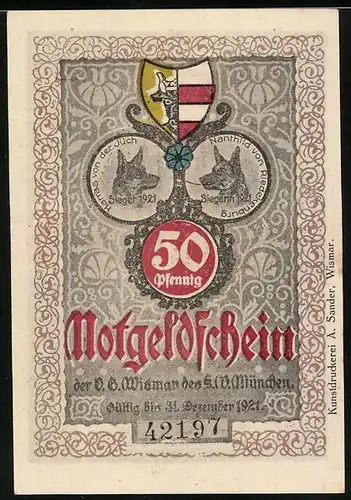 Notgeld Wismar 1921, 50 Pfennig, Alter Schwede, Wappen