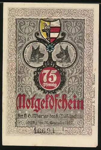 Notgeld Wismar 1921, 75 Pfennig, Kochsche Brauerei, Wappen