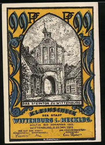 Notgeld Wittenburg i. Mecklbg. 1922, 99 Pfennig, Steintor, Wappen