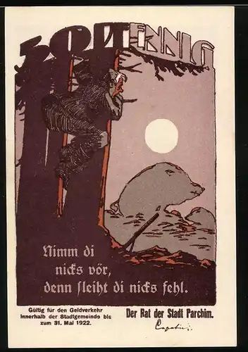 Notgeld Parchim 1922, 50 Pfennig, Ortspartie, Wanderer mit Wildschweinen