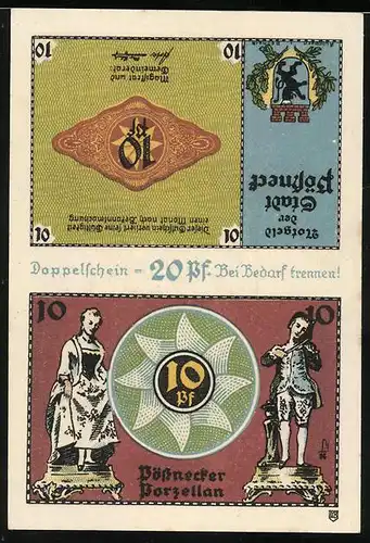 Notgeld Pössneck, 20 Pfennig, Porzellan, Wappen