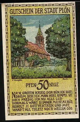 Notgeld Plön 1921, 50 Pfennig, Kirche, Hans Adolf