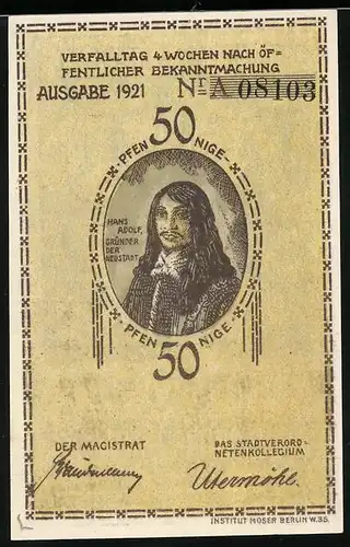 Notgeld Plön 1921, 50 Pfennig, Kirche, Hans Adolf