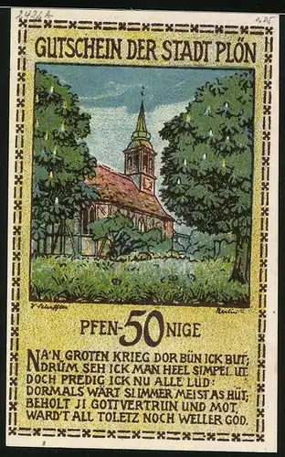 Notgeld Plön 1921, 50 Pfennig, Kirche, Hans Adolf