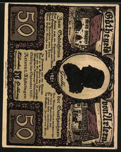 Notgeld Artern i. Thüringen 1921, 50 Pfennig, Gasthaus Zur Krone, Goethehaus