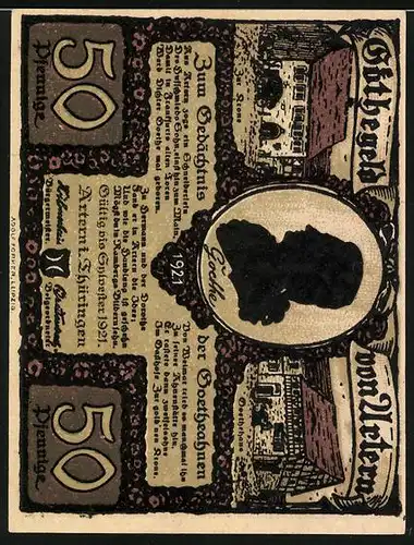 Notgeld Artern i. Thüringen 1921, 50 Pfennig, Gasthaus zur Krone, Goethehaus