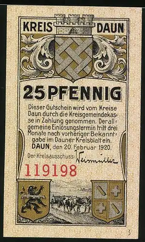 Notgeld Daun 1920, 25 Pfennig, Monterley bei Gerolstein, Wappen