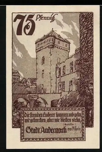 Notgeld Andernach a. Rhein 1920, 75 Pfennig, Ortspartie, Wappen