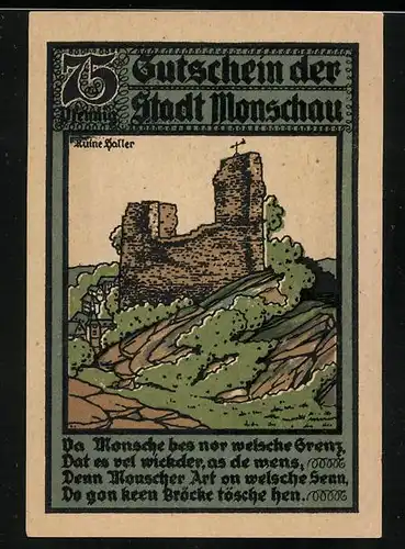 Notgeld Monschau 1922, 75 Pfennig, Ruine Haller