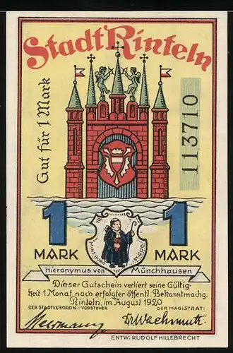 Notgeld Rinteln 1920, 1 Mark, Wappen, Baron Münchhausen