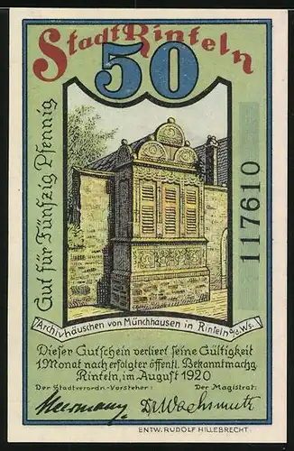 Notgeld Rinteln a. d. Weser 1920, 50 Pfennig, Archivhäuschen v. Münchhausen