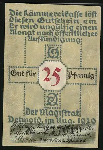 Notgeld Detmold 1920, 25 Pfennig, Hermannsdenkmal
