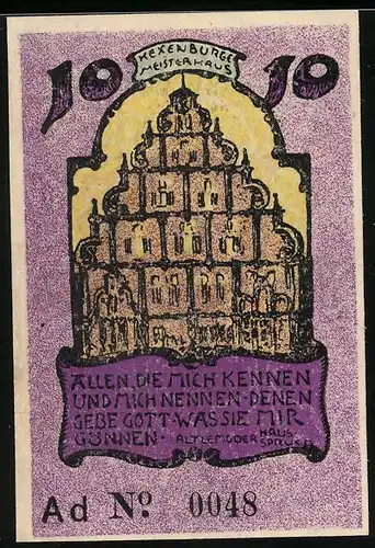 Notgeld Lemgo 1921, 10 Pfennig, Hexenburge Meisterhaus